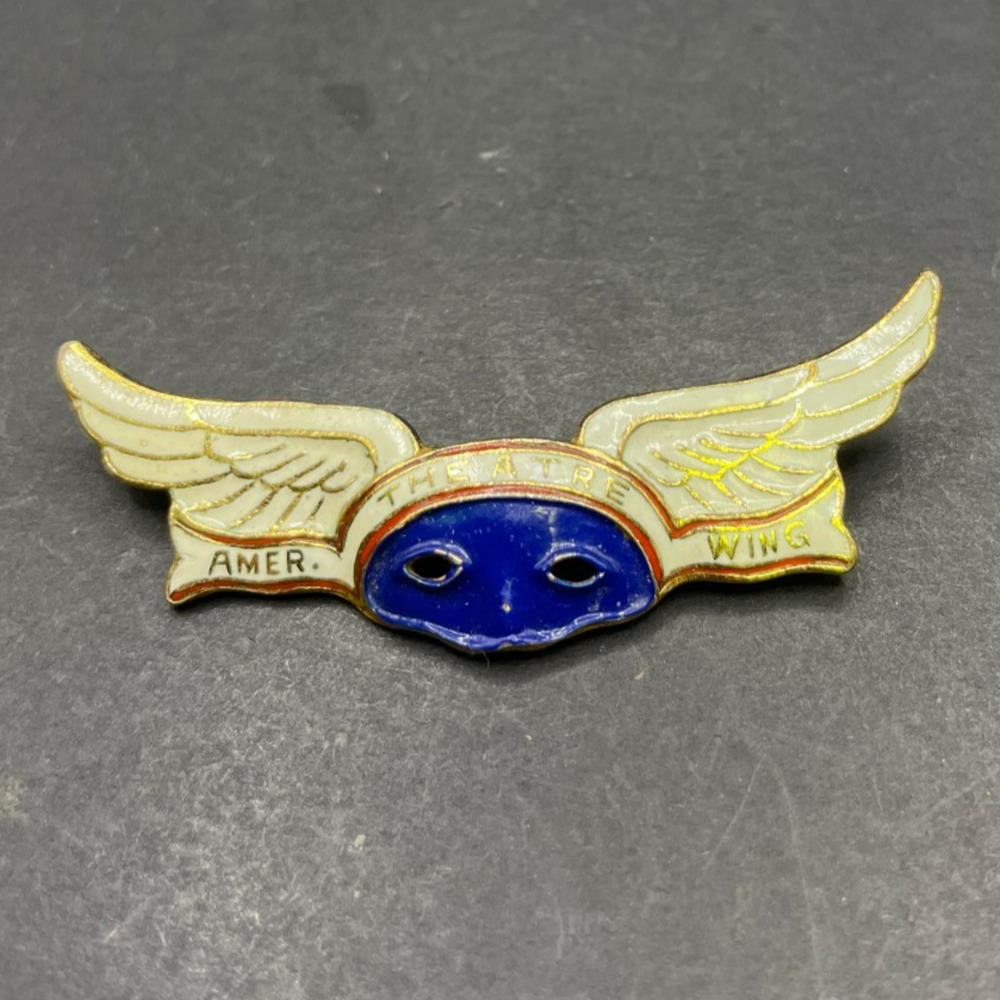Vintage WWII American Theatre Wing Blue Mask Winged Enamel Pin Brooch